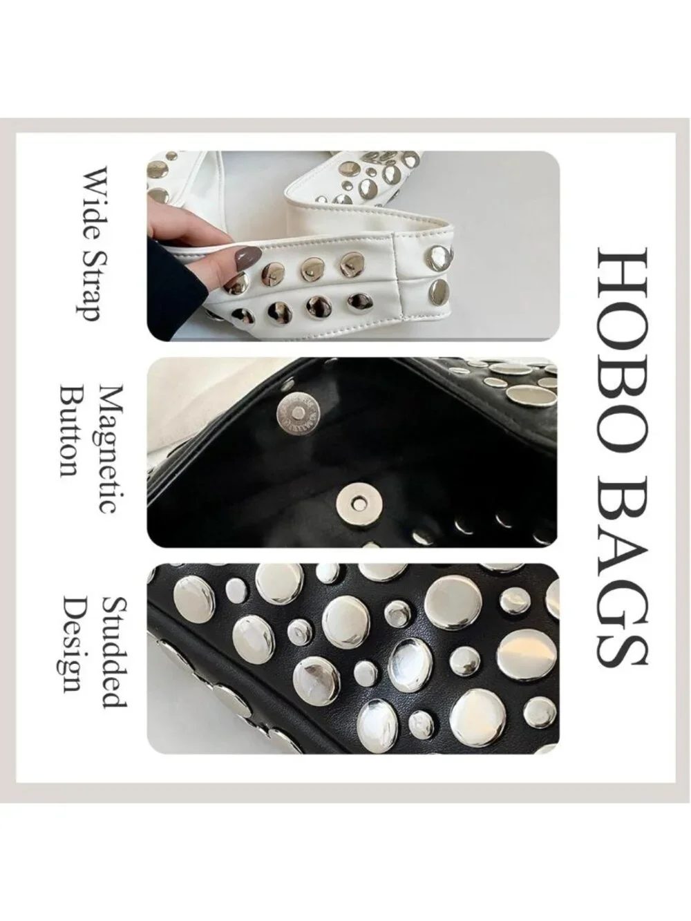 Punk-Inspired Studded HOBO Bag Luxury Trendy Chic Shoulder Handbag PU Leather